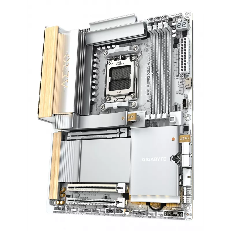 GIGABYTE X870E AERO X3D WOOD pagrindinė plokštė – palaiko AMD Ryzen 9000, 16+2+2 fazių VRM, DDR5 iki 9000Hz (OC), 2xPCIe 5.0 + 2xPCIe 4.0, Wi-Fi 7, 5GbE LAN, USB 4
