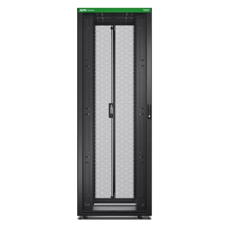 Laisvai pastatomas serverio stovas APC Easy Rack 48U (juodas) su stogu, ratukais, kojelėmis, 4 kronšteinais, šoninėmis plokštėmis — 2258 x 800 x 1200 mm