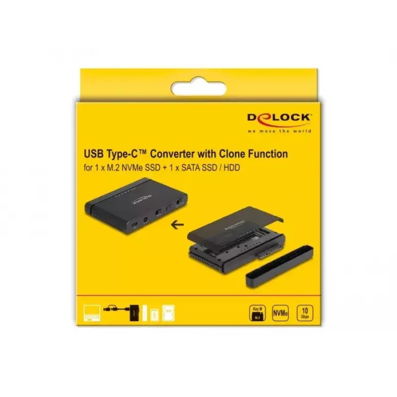 DeLOCK USB Type-C keitiklis, skirtas M.2 NVMe SSD ir SATA SSD/HDD klonavimo funkcijai