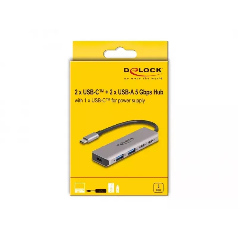 DeLOCK USB 3.2 Gen 1 5 Gbps 2x USB-C ir 2x USB-A metalinis USB šakotuvas pilkas