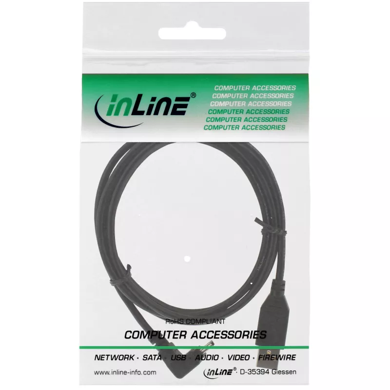 USB 2.0 laidas InLine 0,3 m — USB A kištukas į Mini-USB B kištuką, 90° kampu į viršų, juodas