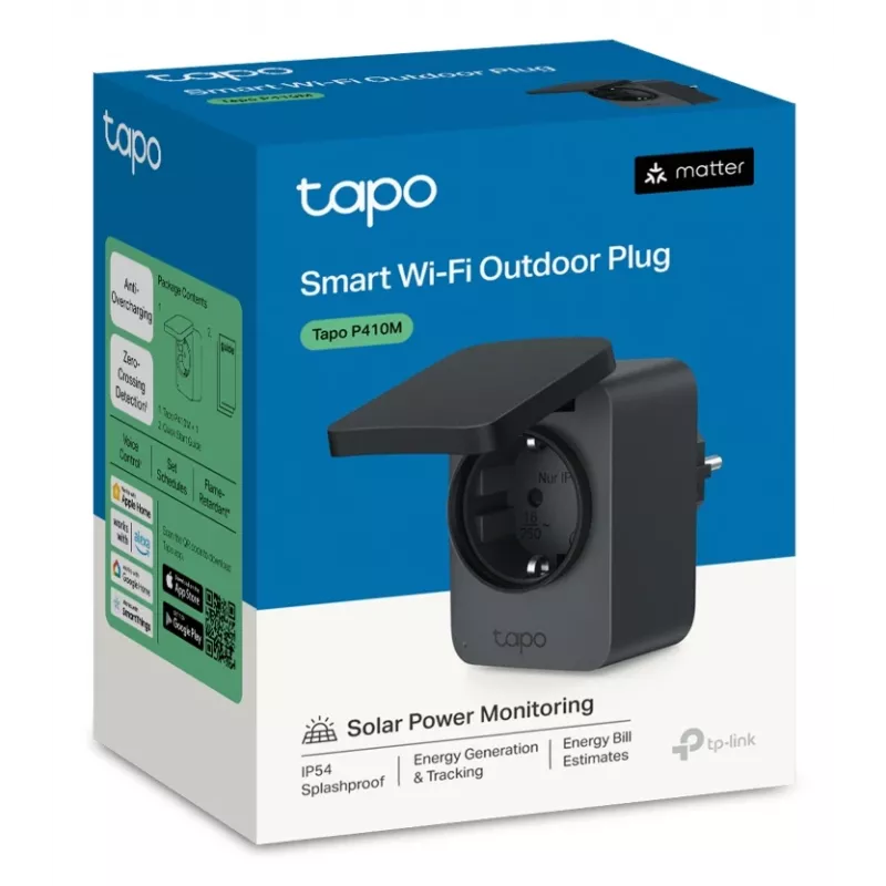 Išmanusis kištukas TP-Link Tapo P410M – lauko Wi‑Fi rozetė, 3680 W, 200–250 V, juoda