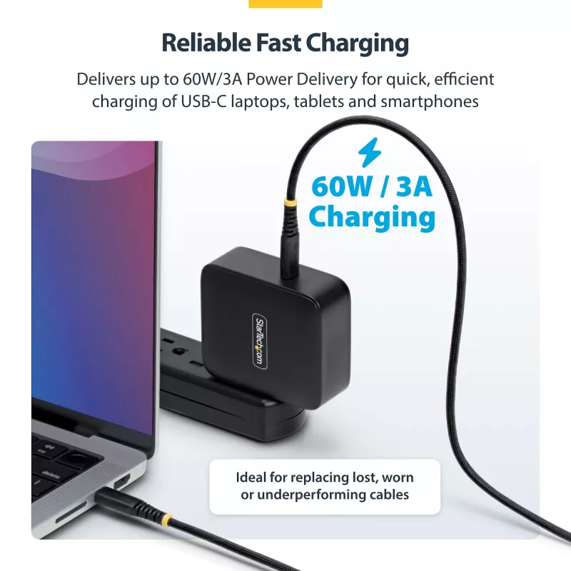 StarTech.com USB-C įkrovimo laidas 15 cm (6 col.), 60W (3A) PD, dviejų sluoksnių pintas nailonas/TPE, tvirtas USB-C įkrovimo laidas, USB 2.0 nešiojamojo kompiuterio įkrovimo laidas
