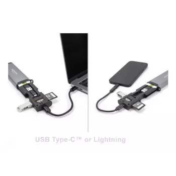 Kortelių skaitytuvas DELOCK USB 5 Gbps su SD ir MicroSD lizdais, USB 3.2 Gen 1 Type-A/Type-C, kabeliai ir adapteriai, juodas/pilkas