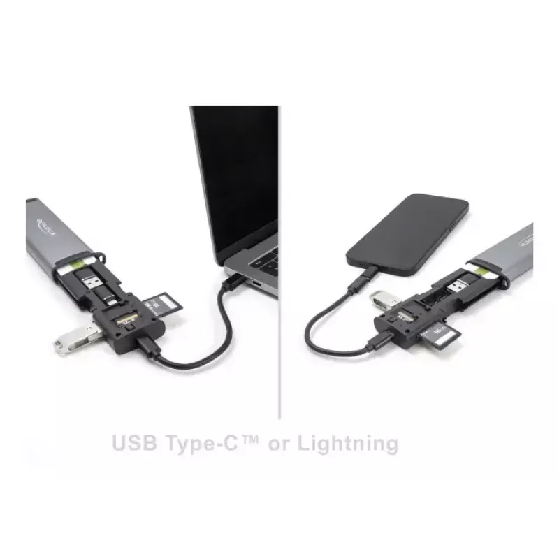 Kortelių skaitytuvas DELOCK USB 5 Gbps su SD ir MicroSD lizdais, USB 3.2 Gen 1 Type-A/Type-C, kabeliai ir adapteriai, juodas/pilkas