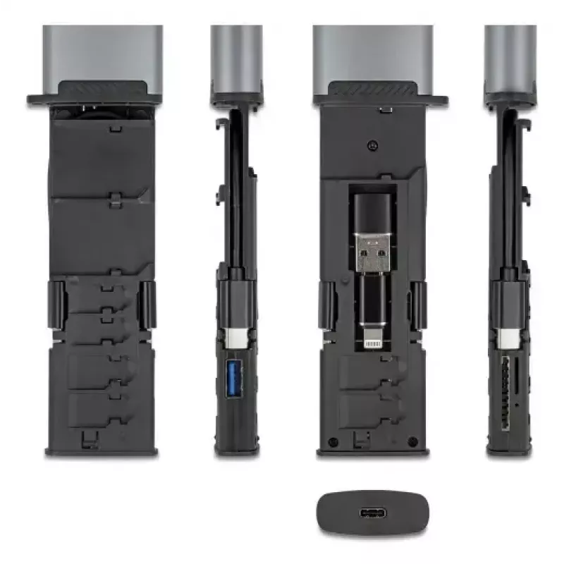 Kortelių skaitytuvas DELOCK USB 5 Gbps su SD ir MicroSD lizdais, USB 3.2 Gen 1 Type-A/Type-C, kabeliai ir adapteriai, juodas/pilkas