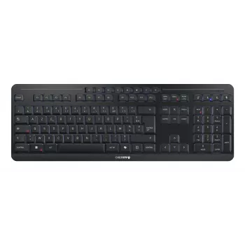 Klaviatūra Cherry Stream Ultimate – Pilno dydžio AZERTY, USB + RF belaidis + Bluetooth, žirkliniai jungikliai, LED foninis apšvietimas, juoda