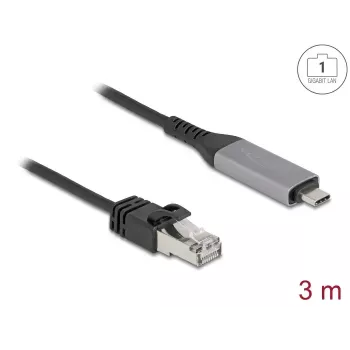 Tinklo kabelis DELOCK USB Type-C į RJ45 Gigabit Ethernet Cat6, 3 m, antracito/juodos spalvos