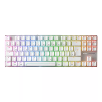 Belaidė žaidimų klaviatūra CHERRY MX 8.2 Pro TMR — Tenkeyless, QWERTZ vokiškas išdėstymas, USB + RF + Bluetooth, RGB, sidabrinė/balta