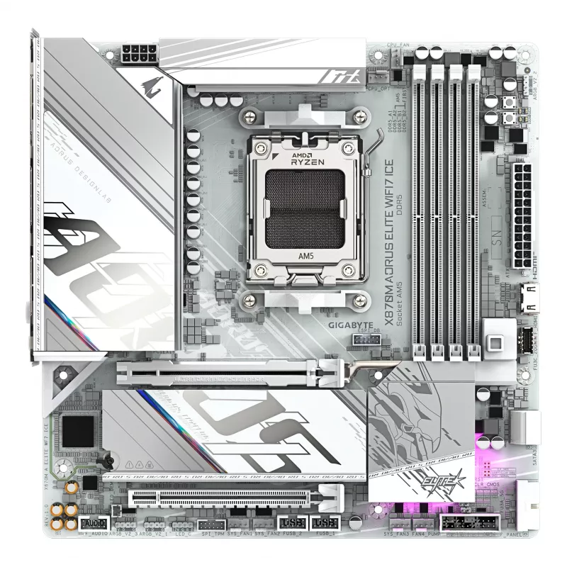 GIGABYTE Motininė plokštė X870M AORUS ELITE WIFI7 ICE — Micro ATX, AMD X870, lizdas AM5, DDR5 iki 8200 Hz (O.C), 14+2+2 VRM, PCIe 5.0, Wi‑Fi 7, 2.5 GbE, USB4