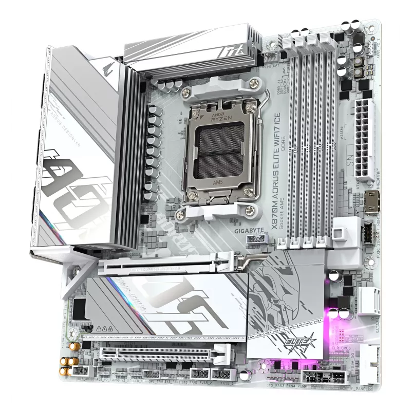 GIGABYTE Motininė plokštė X870M AORUS ELITE WIFI7 ICE — Micro ATX, AMD X870, lizdas AM5, DDR5 iki 8200 Hz (O.C), 14+2+2 VRM, PCIe 5.0, Wi‑Fi 7, 2.5 GbE, USB4