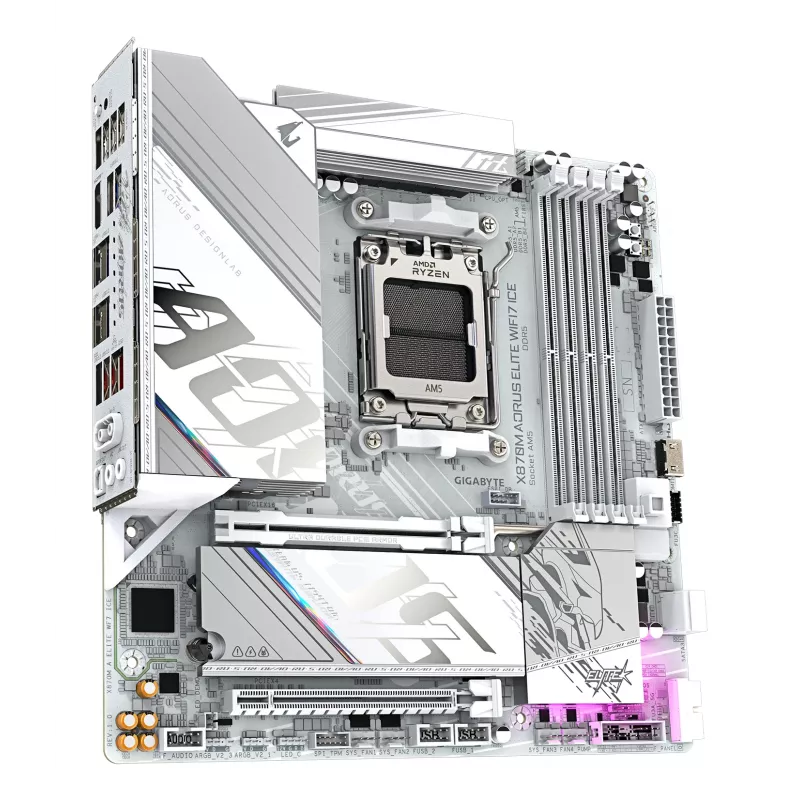 GIGABYTE Motininė plokštė X870M AORUS ELITE WIFI7 ICE — Micro ATX, AMD X870, lizdas AM5, DDR5 iki 8200 Hz (O.C), 14+2+2 VRM, PCIe 5.0, Wi‑Fi 7, 2.5 GbE, USB4