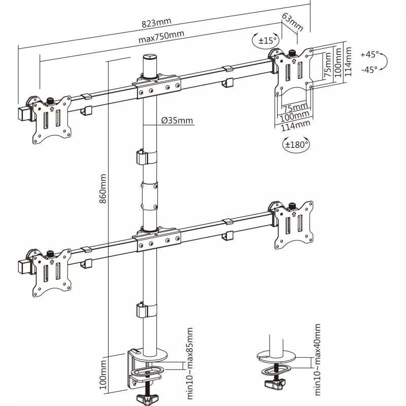InLine stalo laikiklis 4 monitoriams iki 81 cm (32 colių), maks. 9 kg