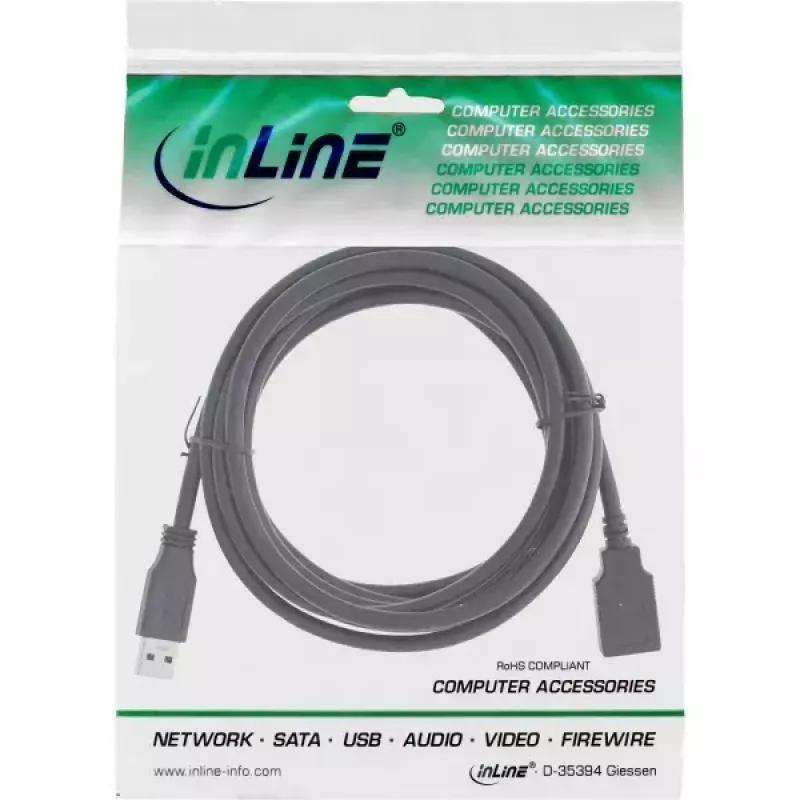 USB 3.2 Gen 1 (USB 3.0) ilginimo laidas A kištukas–A lizdas, InLine, 2 m, juodas – pakuotė po 50 vnt.