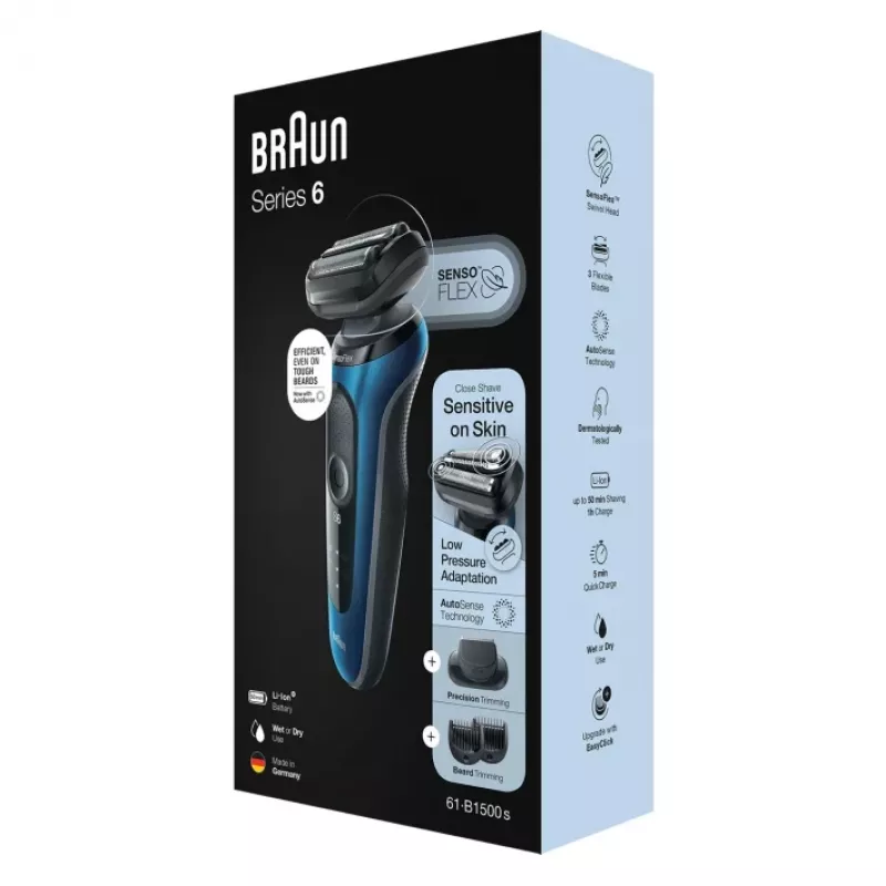 Braun Series 6 61-B1500s folijos skustuvas su barzdos apipjaustytuvu mėlynas