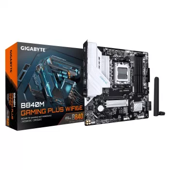 GIGABYTE B840M GAMING PLUS WIFI6E pagrindinė plokštė – AMD Ryzen 9000, 8+2+2 fazių VRM, DDR5 iki 8200MHz, 2xPCIe 4.0 M.2, Wi-Fi 6E, 1GbE LAN