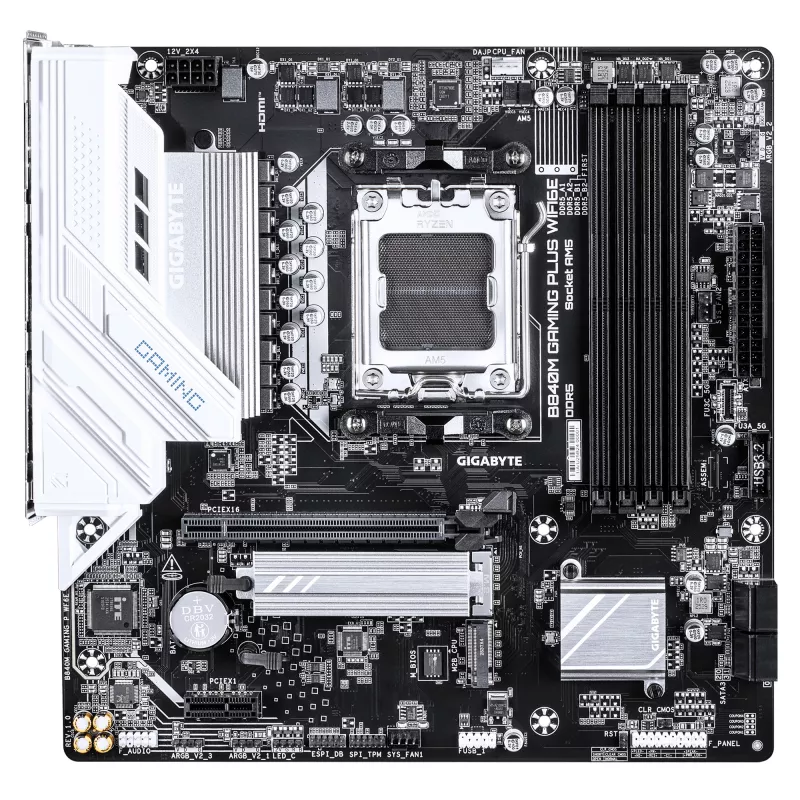 GIGABYTE B840M GAMING PLUS WIFI6E pagrindinė plokštė – AMD Ryzen 9000, 8+2+2 fazių VRM, DDR5 iki 8200MHz, 2xPCIe 4.0 M.2, Wi-Fi 6E, 1GbE LAN