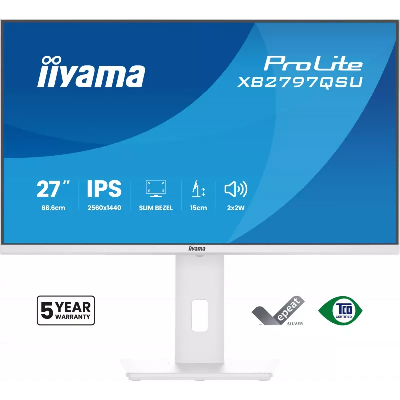 27 colių IIYAMA ProLite XB2797QSU-W1 IPS Quad HD (2560x1440) LED monitorius, 178° žiūrėjimo kampai, USB 3.2 šakotuvas, garsiakalbiai, VESA, aukščio reguliavimas, baltas