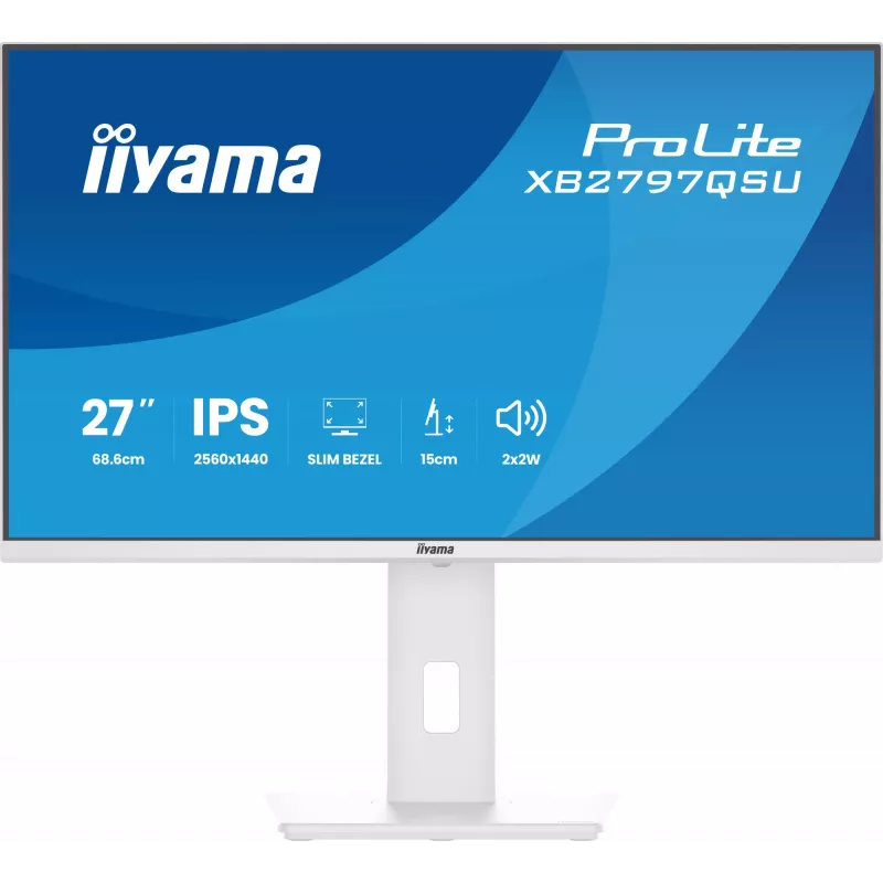 27 colių IIYAMA ProLite XB2797QSU-W1 IPS Quad HD (2560x1440) LED monitorius, 178° žiūrėjimo kampai, USB 3.2 šakotuvas, garsiakalbiai, VESA, aukščio reguliavimas, baltas