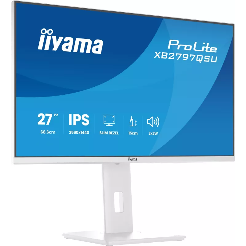 27 colių IIYAMA ProLite XB2797QSU-W1 IPS Quad HD (2560x1440) LED monitorius, 178° žiūrėjimo kampai, USB 3.2 šakotuvas, garsiakalbiai, VESA, aukščio reguliavimas, baltas