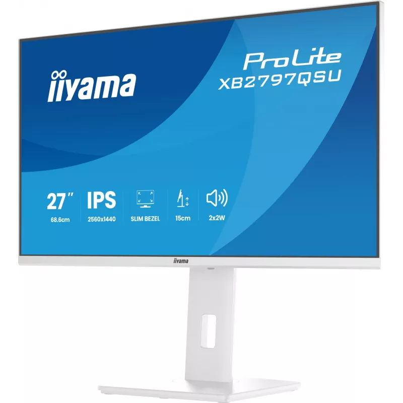 27 colių IIYAMA ProLite XB2797QSU-W1 IPS Quad HD (2560x1440) LED monitorius, 178° žiūrėjimo kampai, USB 3.2 šakotuvas, garsiakalbiai, VESA, aukščio reguliavimas, baltas