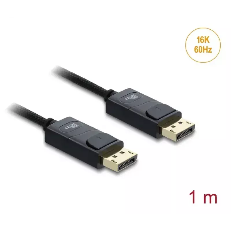 DELOCK Coaxial DisplayPort laidas 16K 60 Hz 80 Gbps pintas apvalkalas 1 m, DisplayPort į DisplayPort, juodas