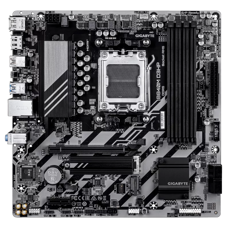 GIGABYTE B840M D3HP pagrindinė plokštė – AMD Ryzen 9000, 8+2+2 fazių VRM, DDR5 iki 8200MHz, 2xPCIe 4.0 M.2, 1GbE LAN