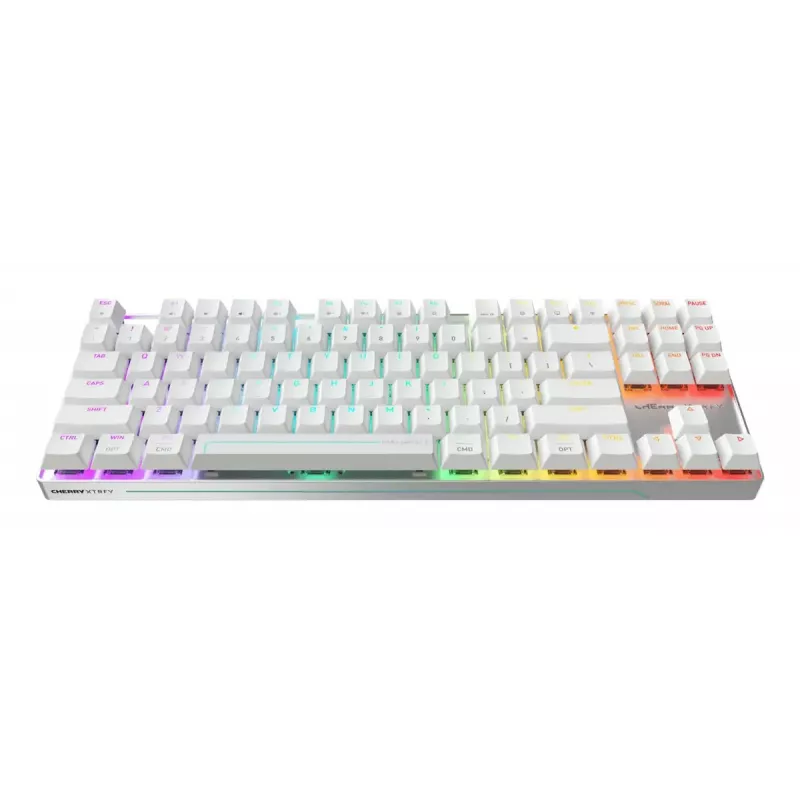 Belaidė žaidimų klaviatūra Cherry MX 8.2 Pro TMR — Tenkeyless 88 klavišų, USB + RF + Bluetooth, magnetiniai-mechaniniai jungikliai, RGB, sidabrinė/balta