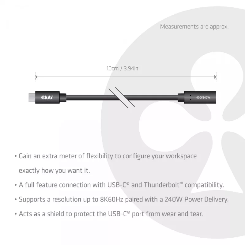 USB-C 40Gbps prailginimo laidas 1 m — club 3d, USB-C į USB-C, juodas