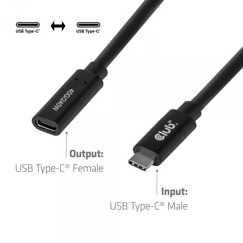 USB-C 40Gbps prailginimo laidas 1 m — club 3d, USB-C į USB-C, juodas
