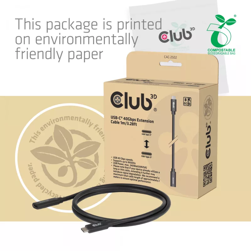 USB-C 40Gbps prailginimo laidas 1 m — club 3d, USB-C į USB-C, juodas