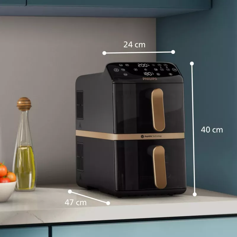 Philips 4000 serijos dvigubo vertikalaus krepšelio oro gruzdintuvė 10L Dviguba atskira 2750 W Juoda