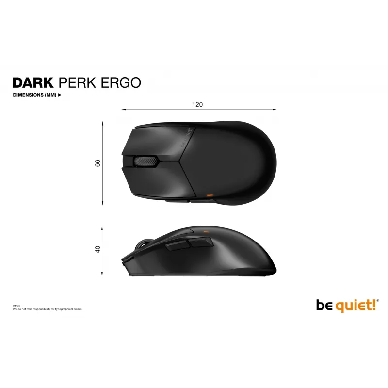 be quiet! Dark Perk | Ergo pelė, dešinei rankai, belaidė RF + USB Type-C, optinė, 32000 DPI