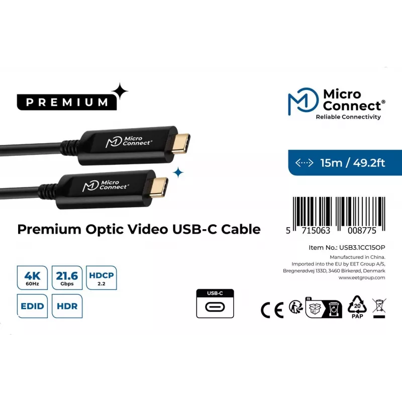 Microconnect USB3.1CC15OP USB C laidas 15 m, USB 3.2 Gen 1, juodas
