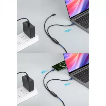 Manhattan Dual USB-C į USB-C įkrovimo laidas, 100W, 2m, vyriškas į du vyriškus, išmanusis galios daliklis, įkrauna du įrenginius iš vieno USB-C PD prievado