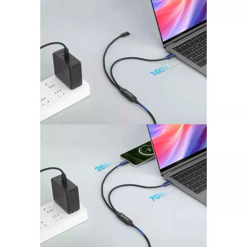 Manhattan Dual USB-C į USB-C įkrovimo laidas, 100W, 2m, vyriškas į du vyriškus, išmanusis galios daliklis, įkrauna du įrenginius iš vieno USB-C PD prievado