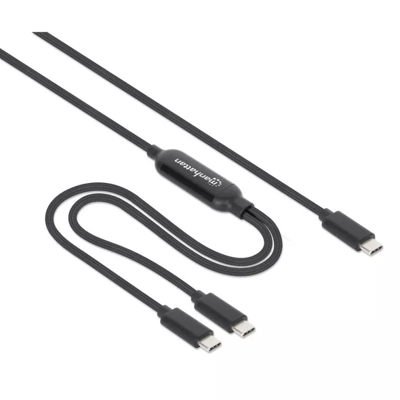 Manhattan Dual USB-C į USB-C įkrovimo laidas, 100W, 2m, vyriškas į du vyriškus, išmanusis galios daliklis, įkrauna du įrenginius iš vieno USB-C PD prievado