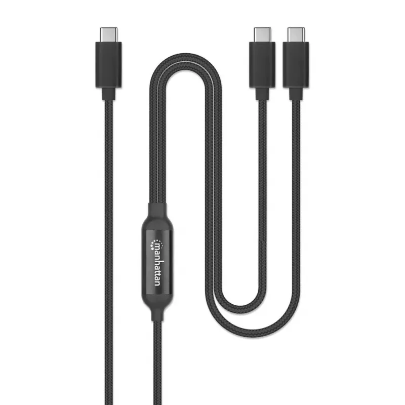 Manhattan Dual USB-C į USB-C įkrovimo laidas, 100W, 2m, vyriškas į du vyriškus, išmanusis galios daliklis, įkrauna du įrenginius iš vieno USB-C PD prievado
