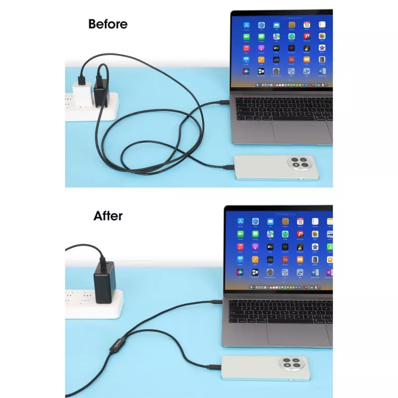 Manhattan Dual USB-C į USB-C įkrovimo laidas, 100W, 2m, vyriškas į du vyriškus, išmanusis galios daliklis, įkrauna du įrenginius iš vieno USB-C PD prievado