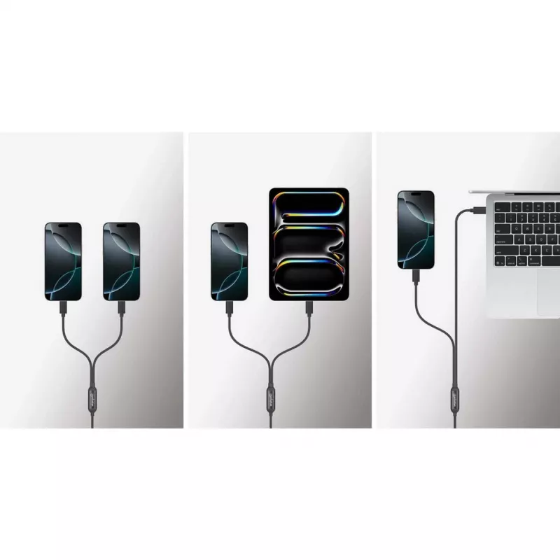 Manhattan Dual USB-C į USB-C įkrovimo laidas, 100W, 2m, vyriškas į du vyriškus, išmanusis galios daliklis, įkrauna du įrenginius iš vieno USB-C PD prievado