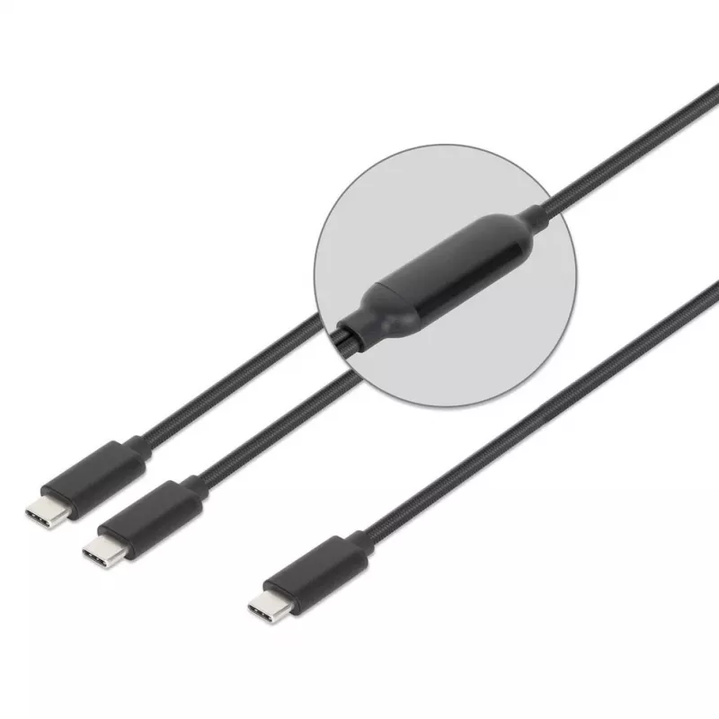 Manhattan Dual USB-C į USB-C įkrovimo laidas, 100W, 2m, vyriškas į du vyriškus, išmanusis galios daliklis, įkrauna du įrenginius iš vieno USB-C PD prievado