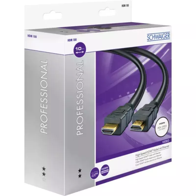 HDMI kabelis SCHWAIGER HDM100 013 — 10 m, HDMI A tipo kištukas–kištukas, paauksuoti kontaktai, juodas