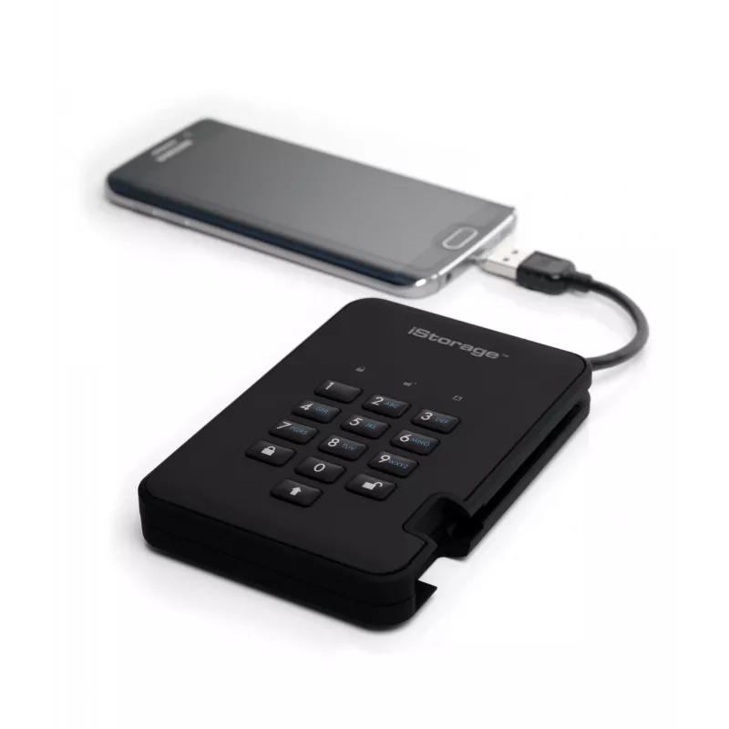 iStorage diskAshur² HDD 5TB Juoda – Saugus nešiojamas kietasis diskas su AES-XTS 256 bitų aparatūriniu šifravimu, PIN apsauga, nepriklausomas nuo OS ir platformos, atsparus brutaliai jėgai, dulkėms ir vandeniui