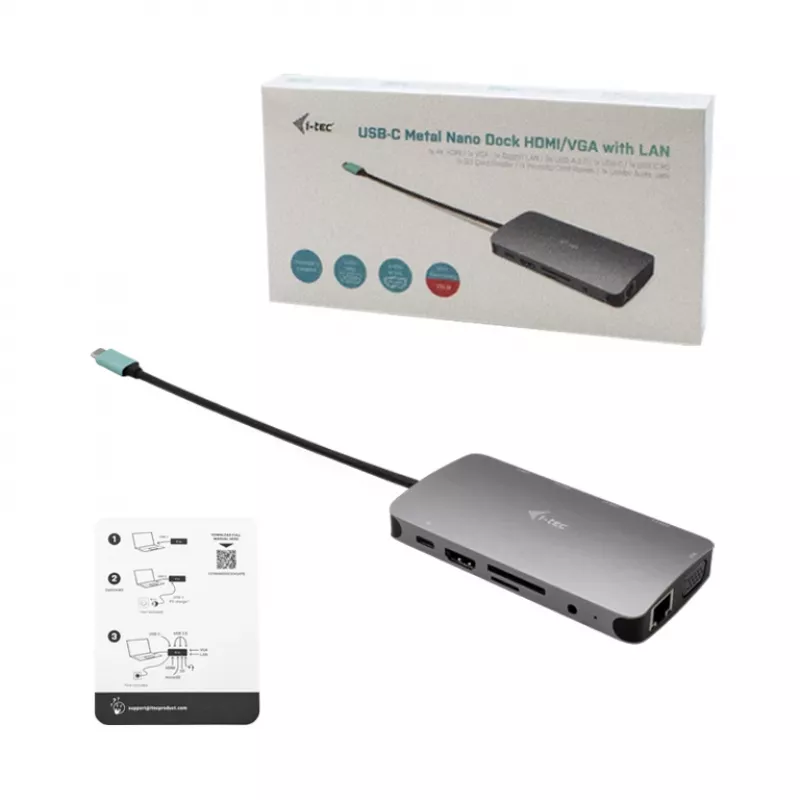 i-tec Metal USB-C Nano Dock HDMI/VGA su LAN ir Universalus 77 W įkroviklis