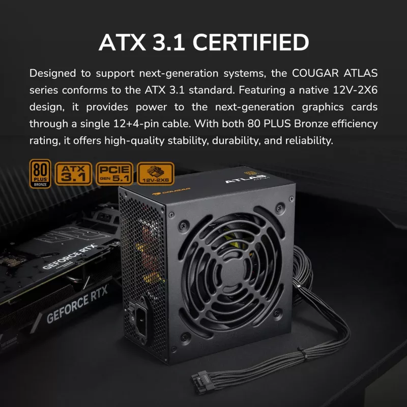 Maitinimo blokas Cougar ATLAS 750W ATX3.1 80 Plus Bronze, 750 W, 24-pin ATX, 120 mm ventiliatorius