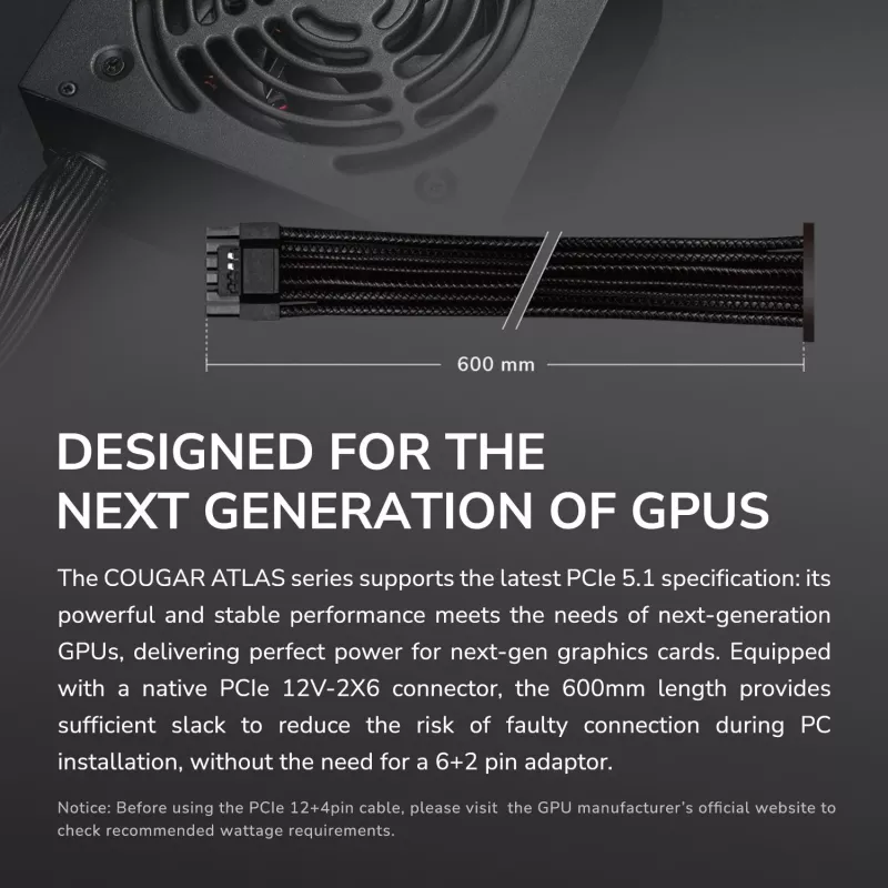 Maitinimo blokas Cougar ATLAS 750W ATX3.1 80 Plus Bronze, 750 W, 24-pin ATX, 120 mm ventiliatorius