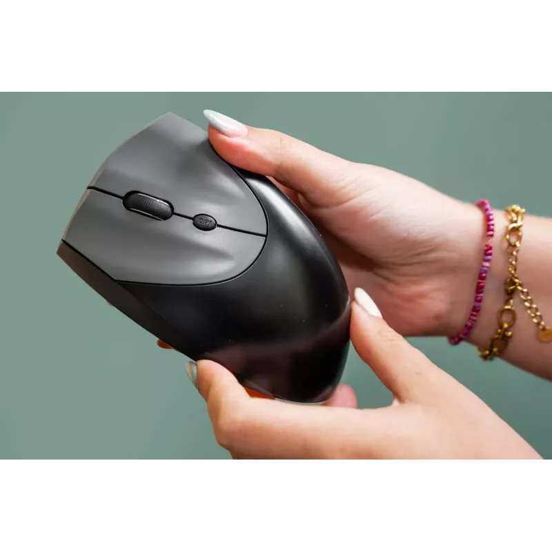 BakkerElkhuizen Handshake Mouse Left – kairiarankiams vertikali pelė, belaidė RF + Bluetooth + USB Type-C, 6400 DPI, juoda, pilka