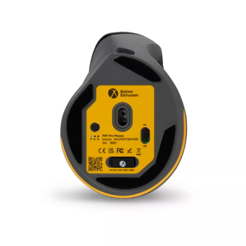 BakkerElkhuizen PRF Pro pelė dešinei rankai, vertikali, optinė, RF Wireless + Bluetooth + USB Type-C, 2400 DPI, juoda, pilka