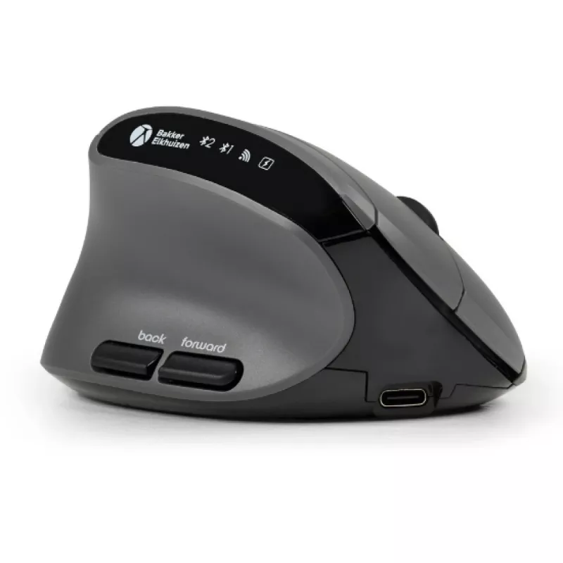 BakkerElkhuizen MidWay pelė kairiarankiams, vertikali, optinė, RF Bluetooth + USB Type-C, 2400 DPI, pilka, juoda