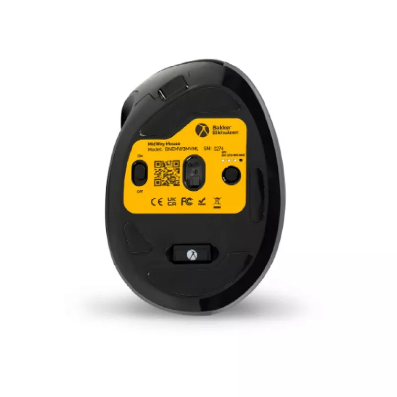 BakkerElkhuizen MidWay pelė kairiarankiams, vertikali, optinė, RF Bluetooth + USB Type-C, 2400 DPI, pilka, juoda